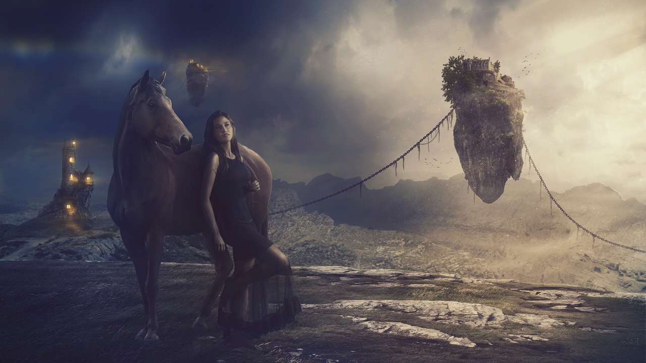 Девушка в черном платье с лошадью на фантастической планете