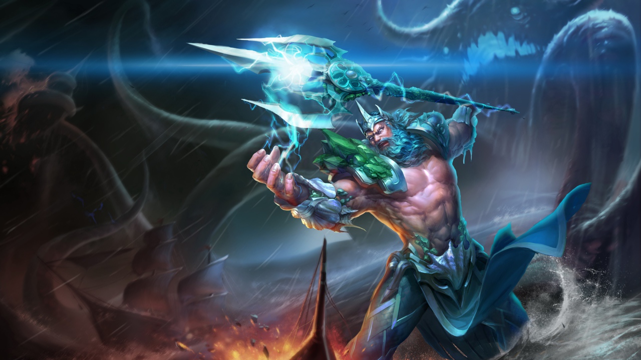 Грозный царь Посейдон в море с трезубцем