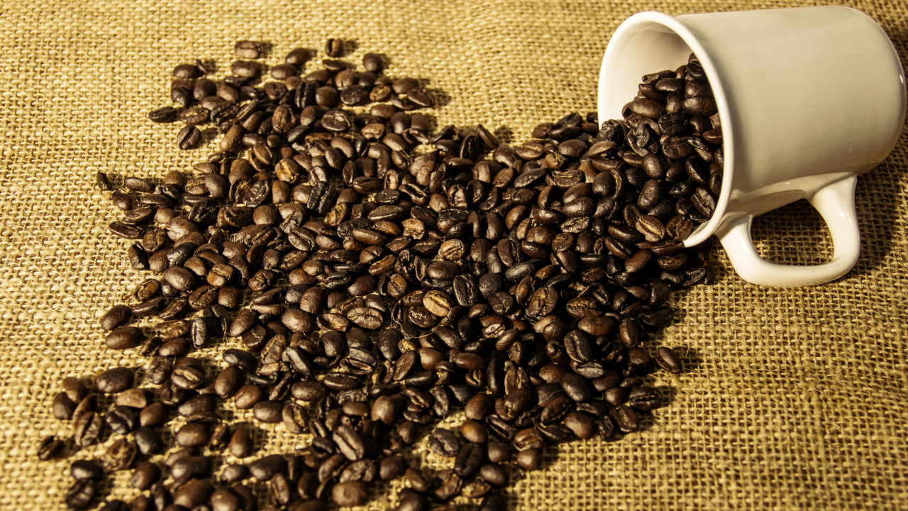 Кофейные зерна высыпаются из белой чашки 