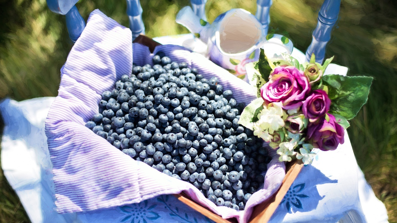 Корзина со спелыми ягодами черники стоит на столе