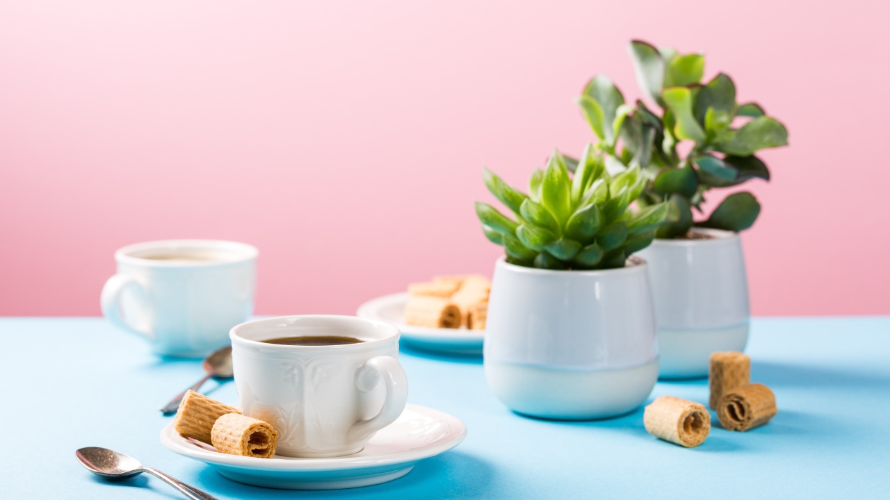 Чашка кофе на блюдце с вафлями на столе с цветами