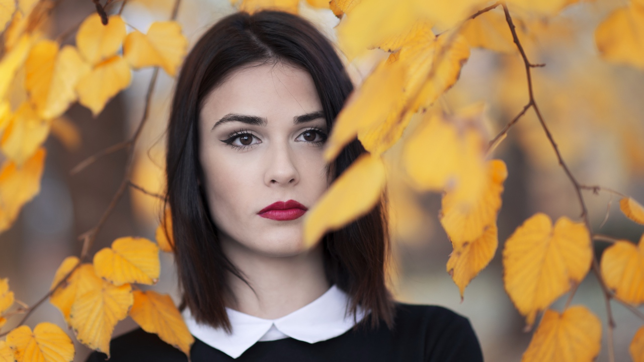 Девушка с красными губами у ветки с желтыми листьями