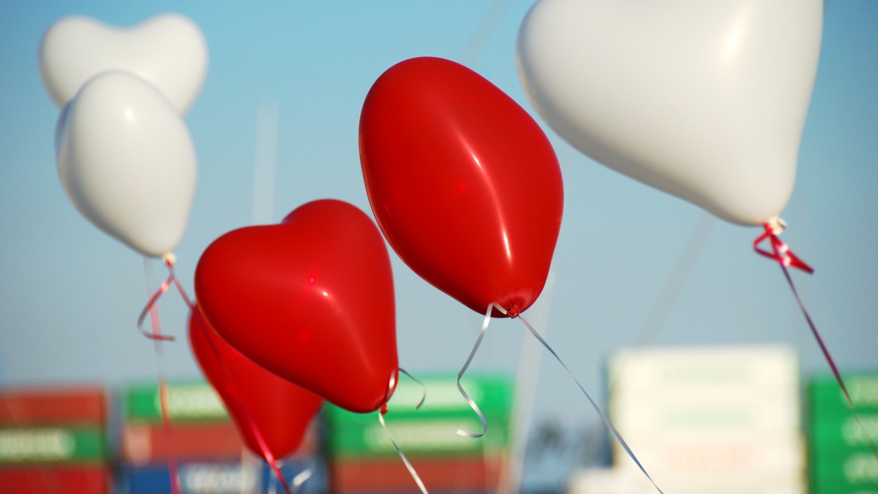 Heart shaped white and red balloons