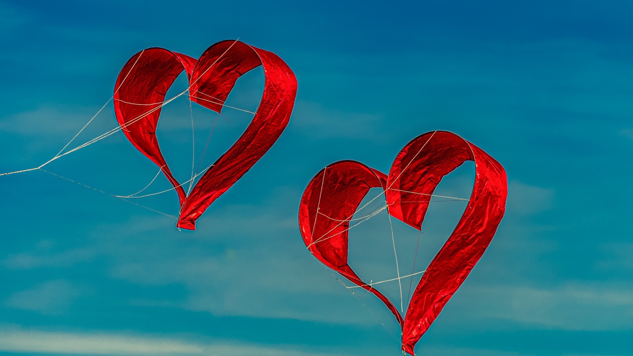 Two heart shaped kites in the sky