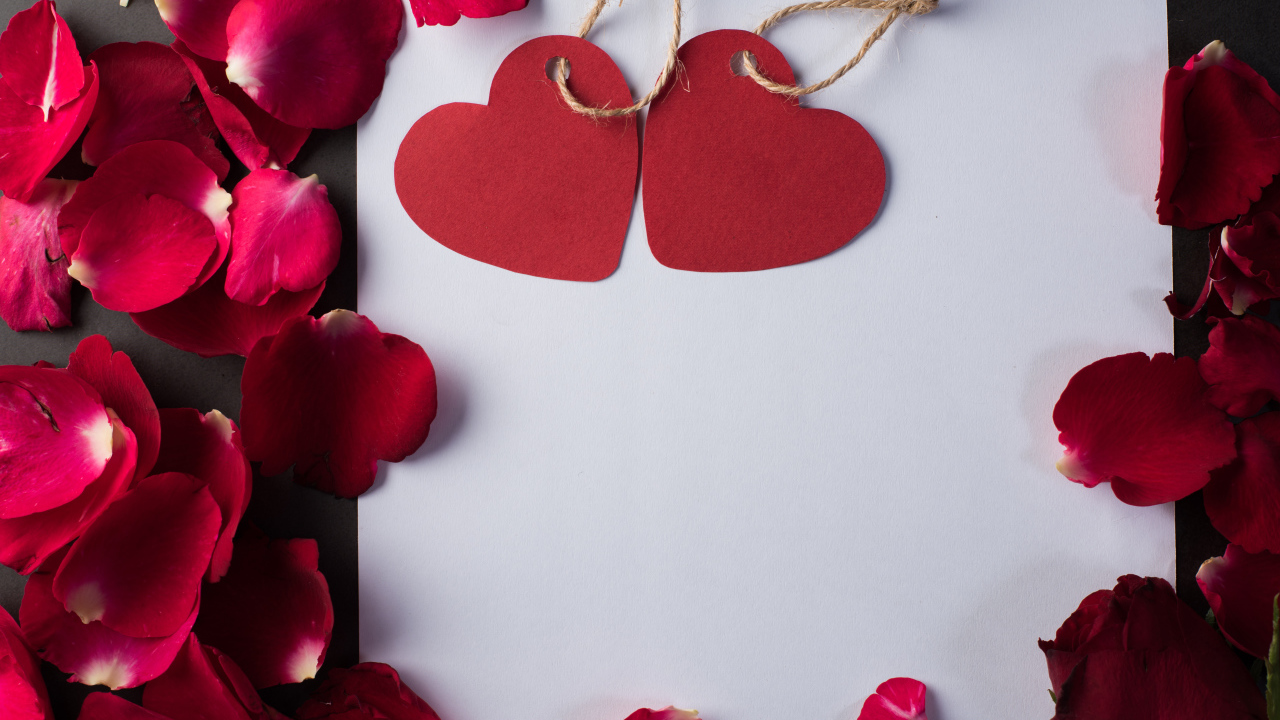 Белый лист бумаги с сердечками и лепестками роз 