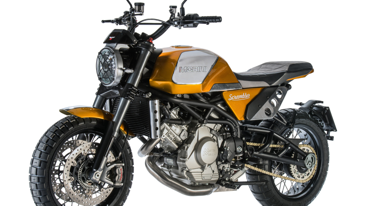 Мотоцикл Morini Scrambler, 2019 года на белом фоне
