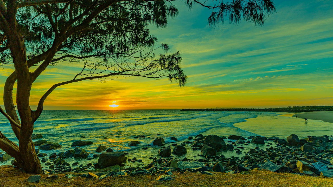 Красивый вид на морской берег с камнями на закате