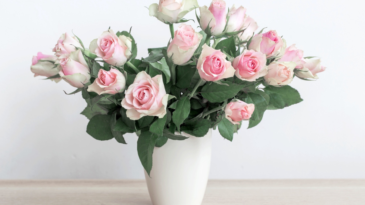 Букет красивых розовых роз в белой вазе 