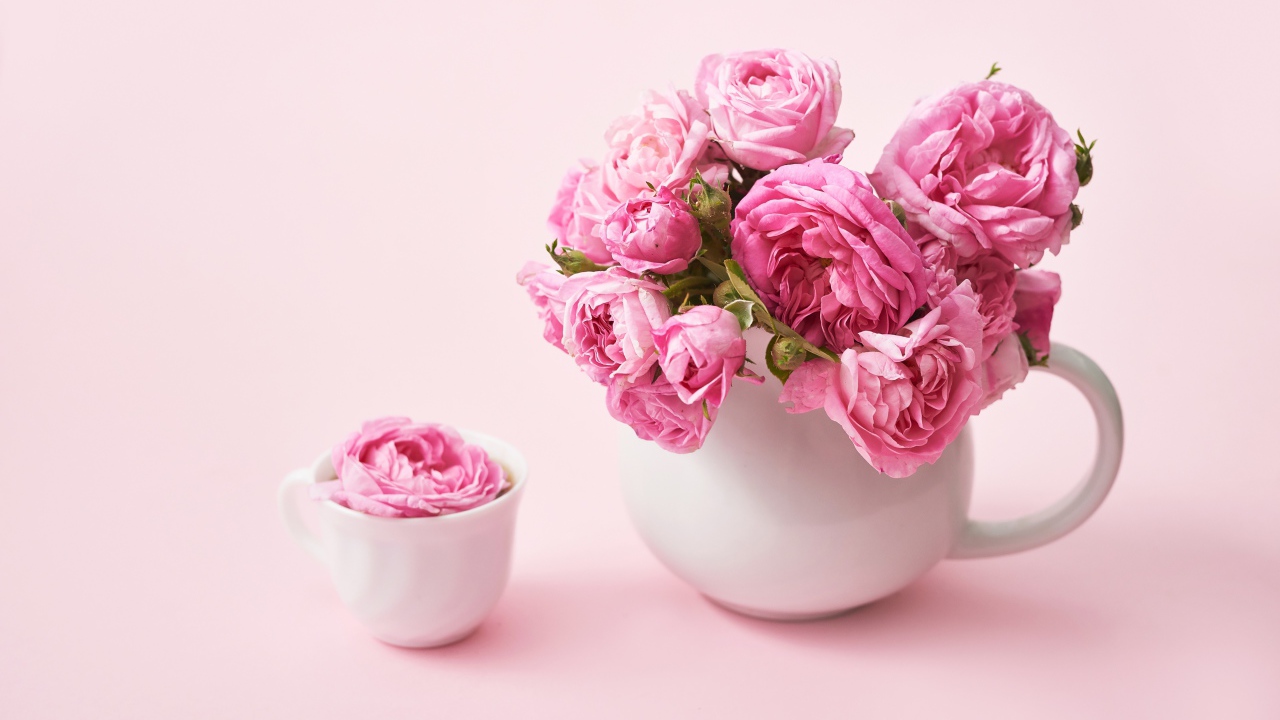 Букет розовых роз в белом кувшине на столе