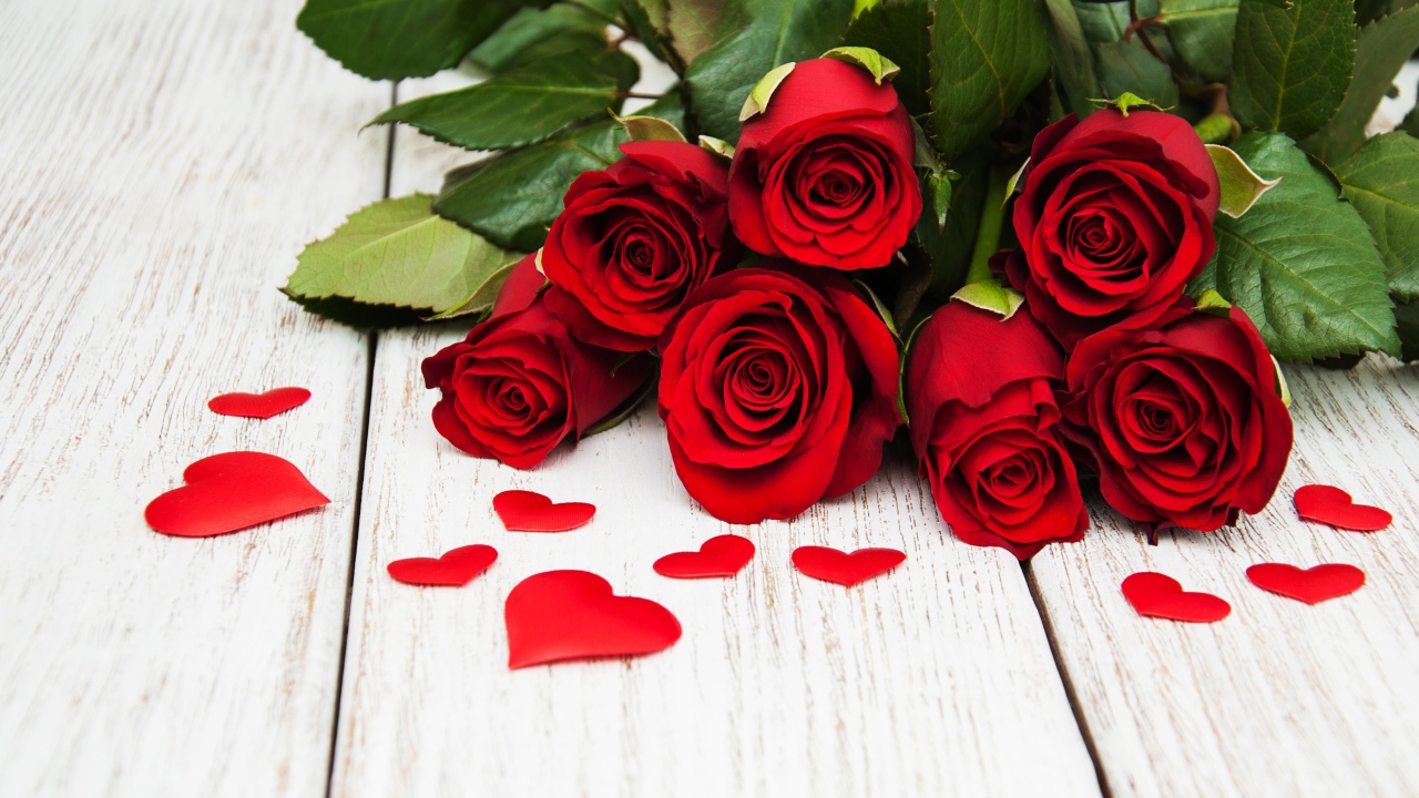 Букет красных роз с зелеными листьями на белом фоне с сердечками 