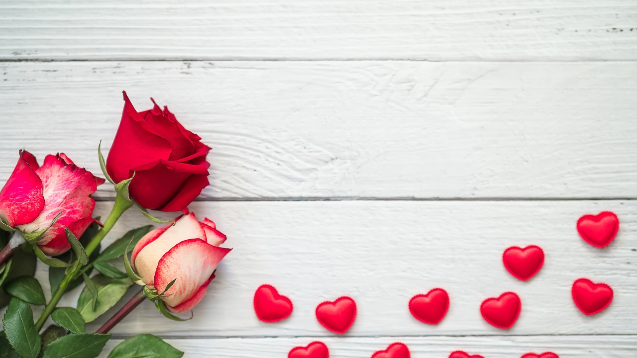 Три свежие розы на сером столе с красными сердечками