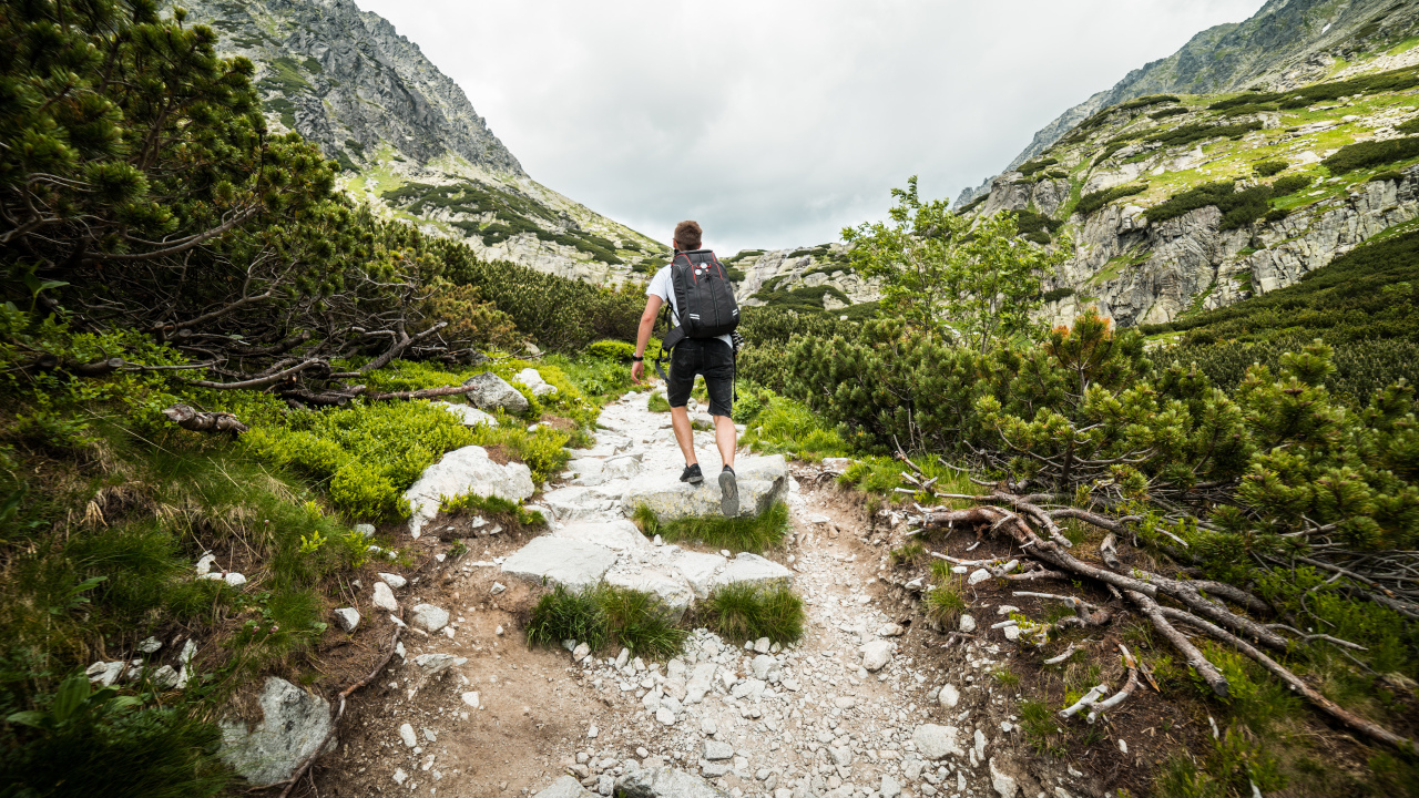 Мужчина с рюкзаком поднимается в горы 