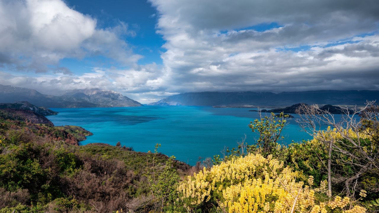 Густые белые облака над озером в горах 