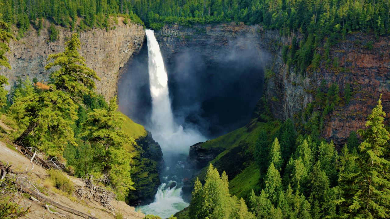 Водопад стекает с утеса в лесу, Канада 
