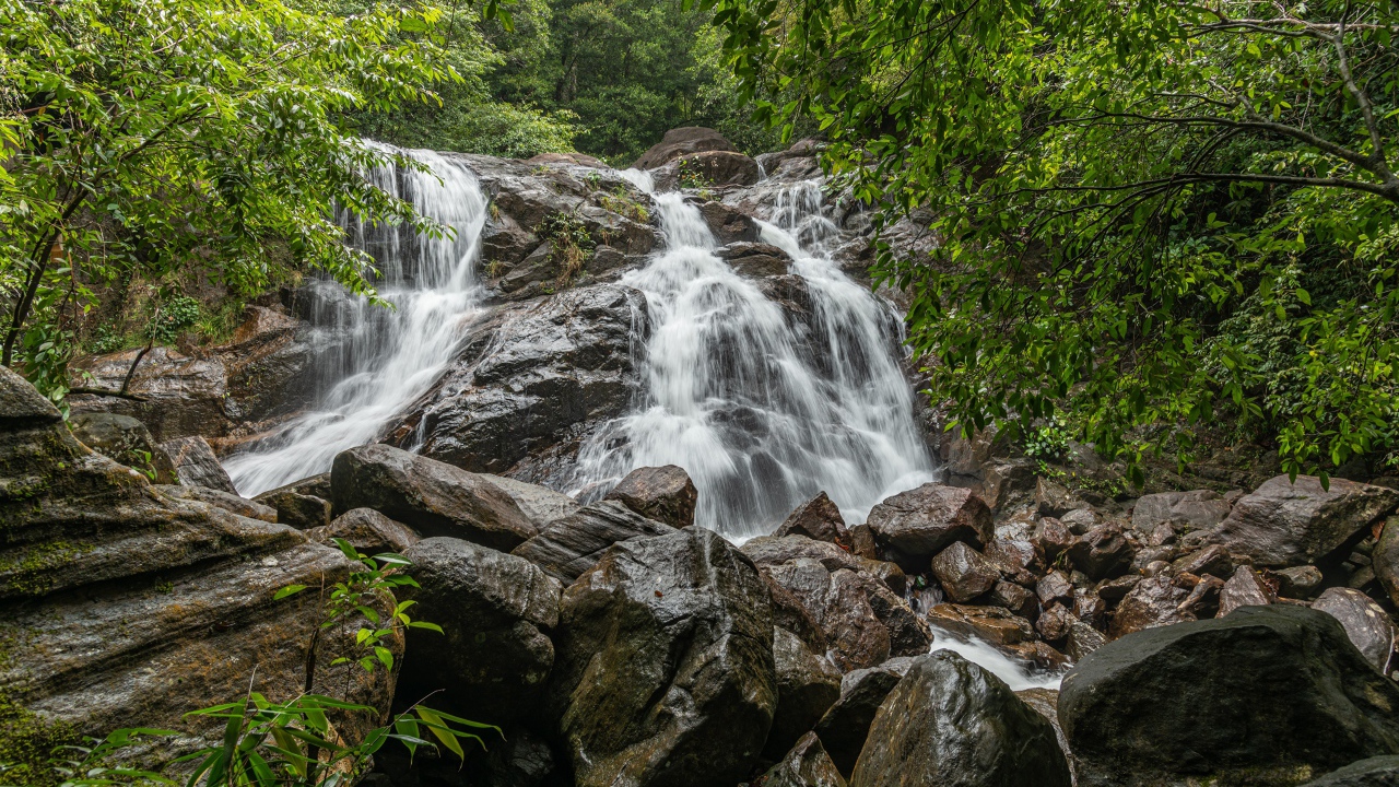 Водопад стекает по большим мокрым камням в лесу 