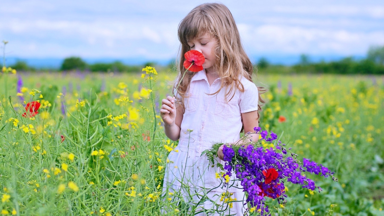 Little girl with a bouquet of wildflowers