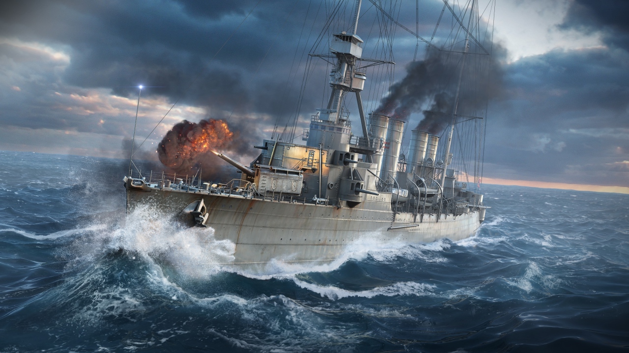 Военный линкор в море во время шторма 
