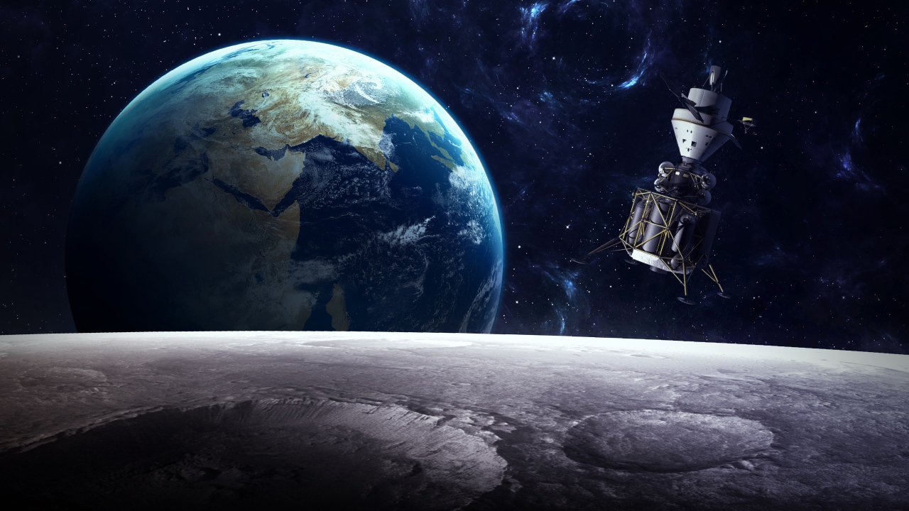 Вид с луны на спутник и планету Земля в космосе 