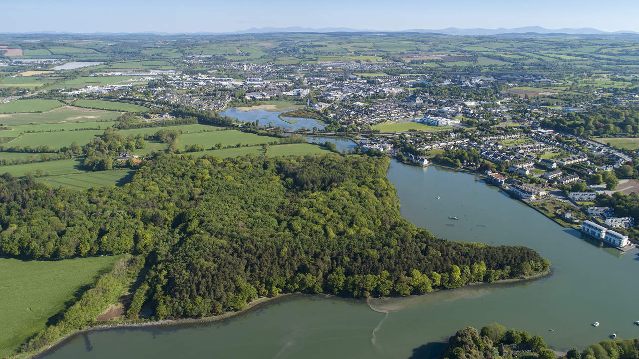 Вид на город и реку у леса с высоты, Исландия