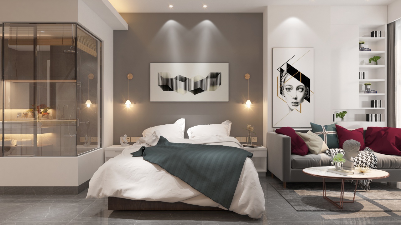 Красивая спальня с гостиной в стиле модерн