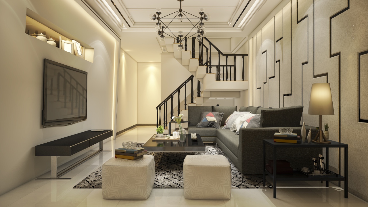 Красивая гостиная комната с большим телевизором и лестницей 