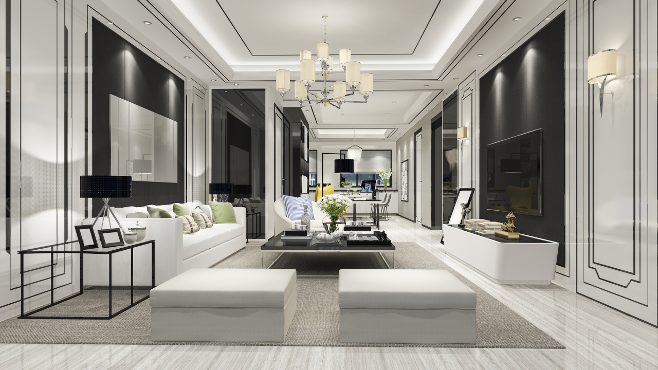 Большая просторная гостиная комната с белой кожаной мебелью