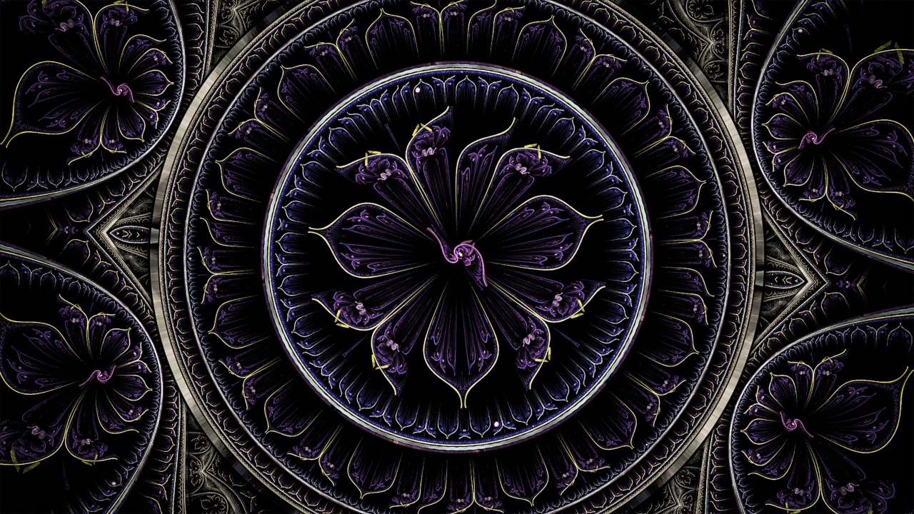 Красивый фиолетовый фрактальный рисунок с золотыми линиями