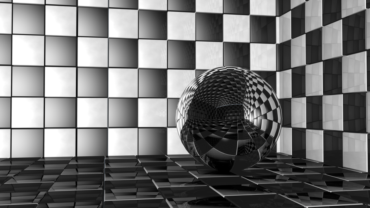 Стеклянный шар в комнате с черно-белыми стенами 3д графика