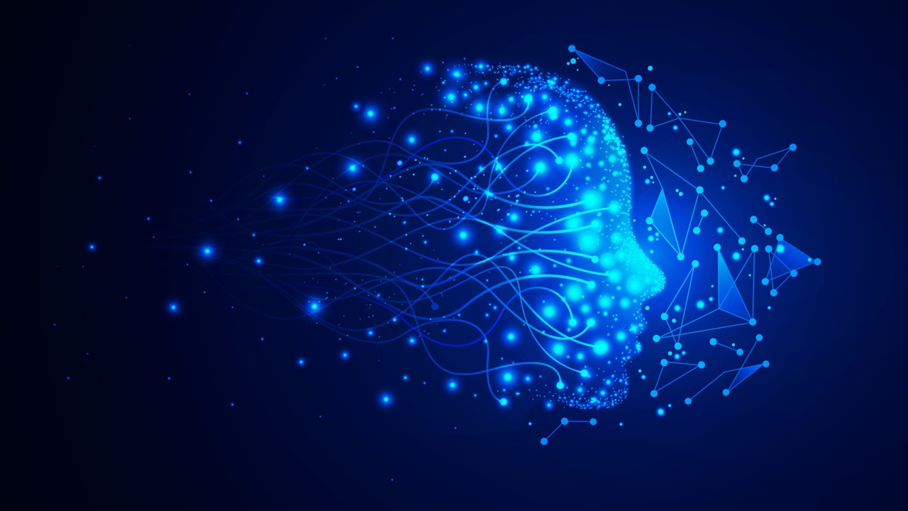 Неоновое лицо с точками на синем фоне 