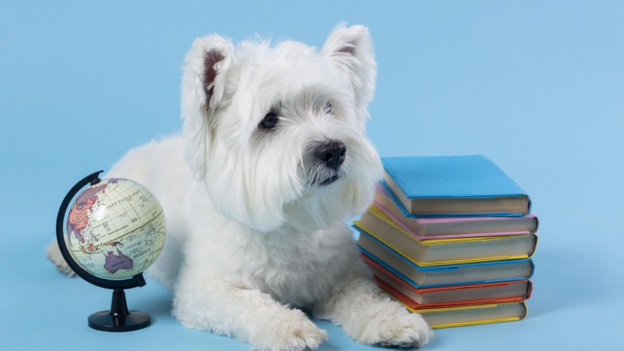 Белый породистый пес с книгами на сером фоне 
