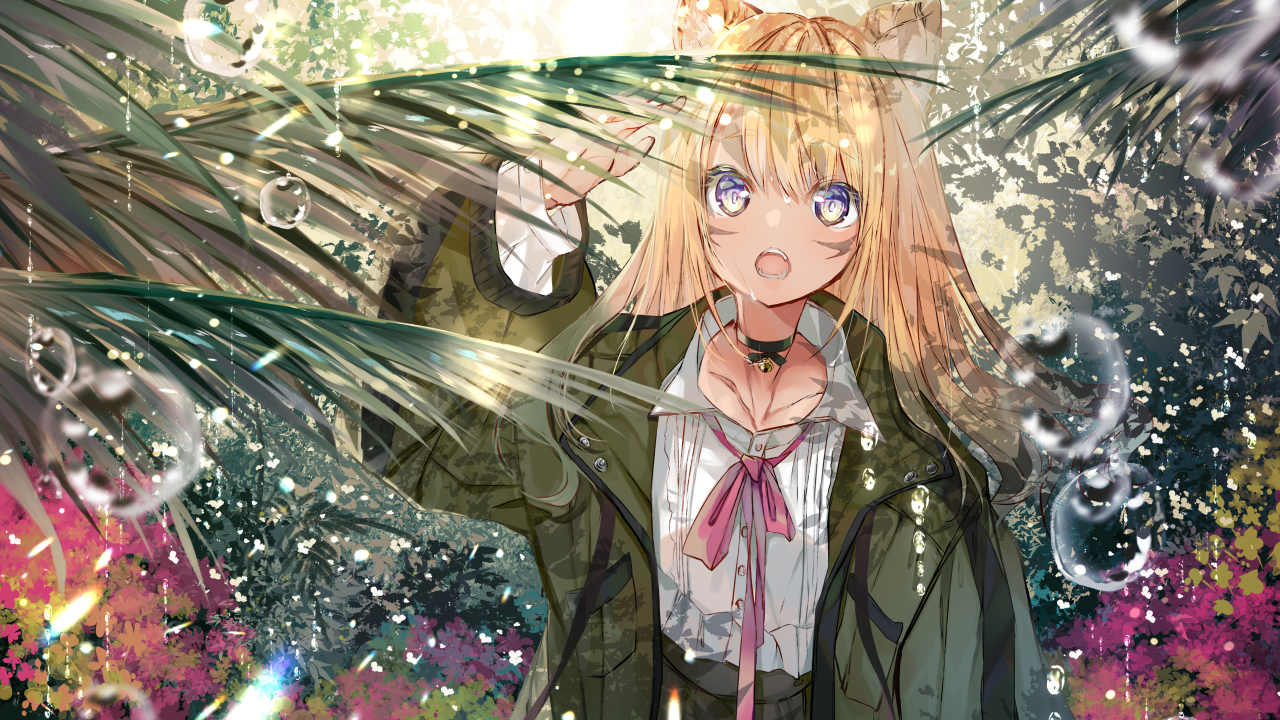 Аниме девушка в зеленых листьях папоротника