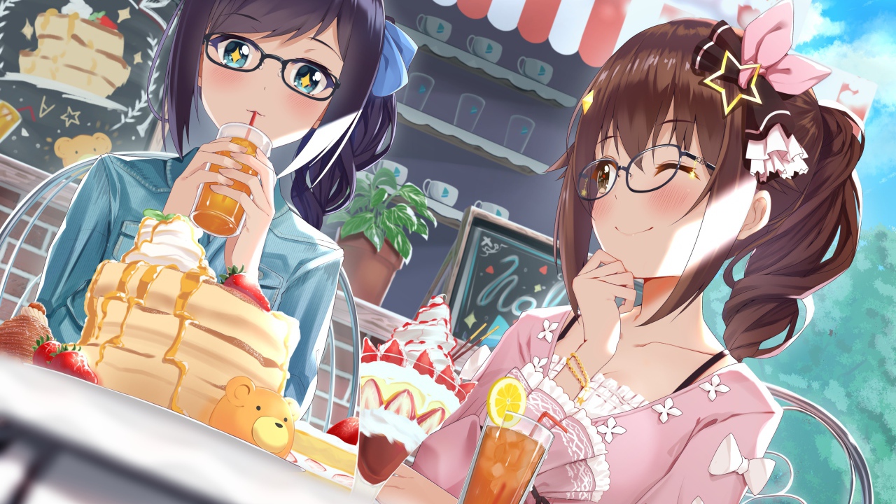 Две девушки сидят в кафе аниме  Виртуальный Ютубер