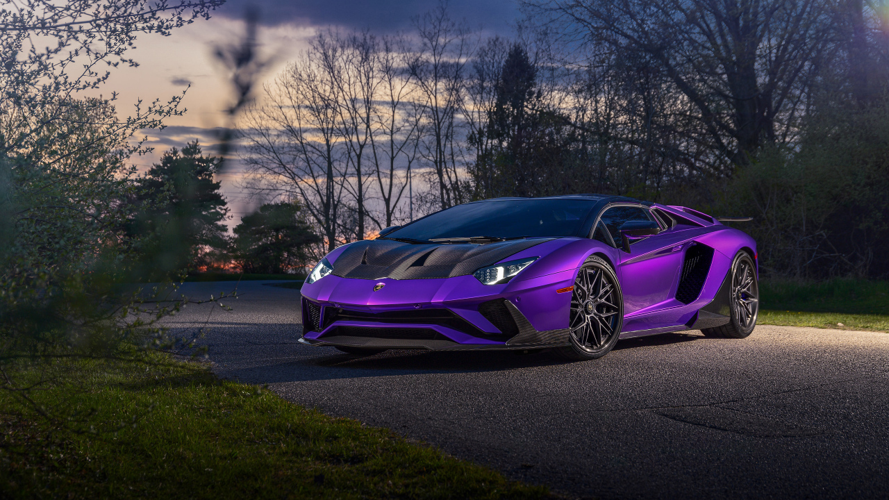 Фиолетовый автомобиль Lamborghini Aventador на дороге