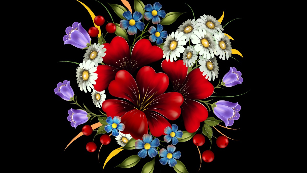 Нарисованные цветы на черном фоне