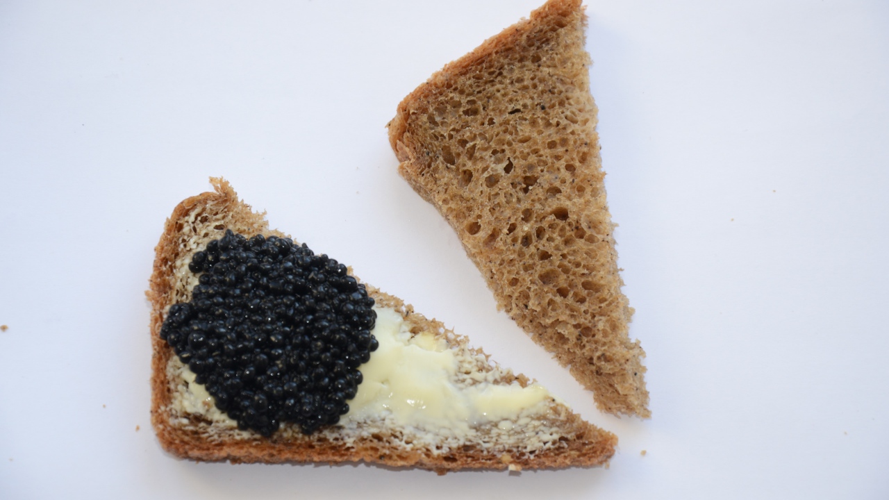 Бутерброды из черного хлеба с черной икрой на сером фоне