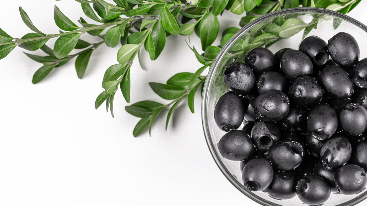 Черные маслины с веткой на белом фоне