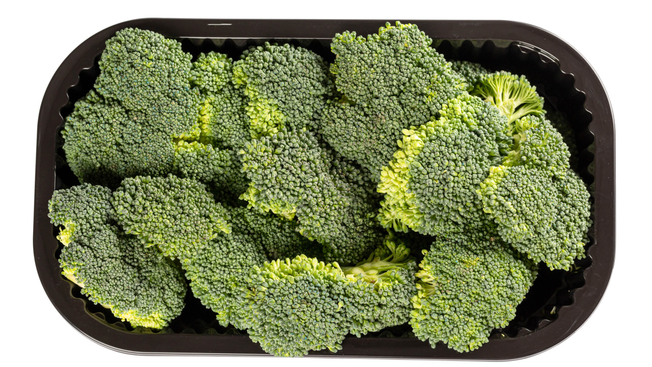 Зеленые брокколи в черной форме на белом фоне 