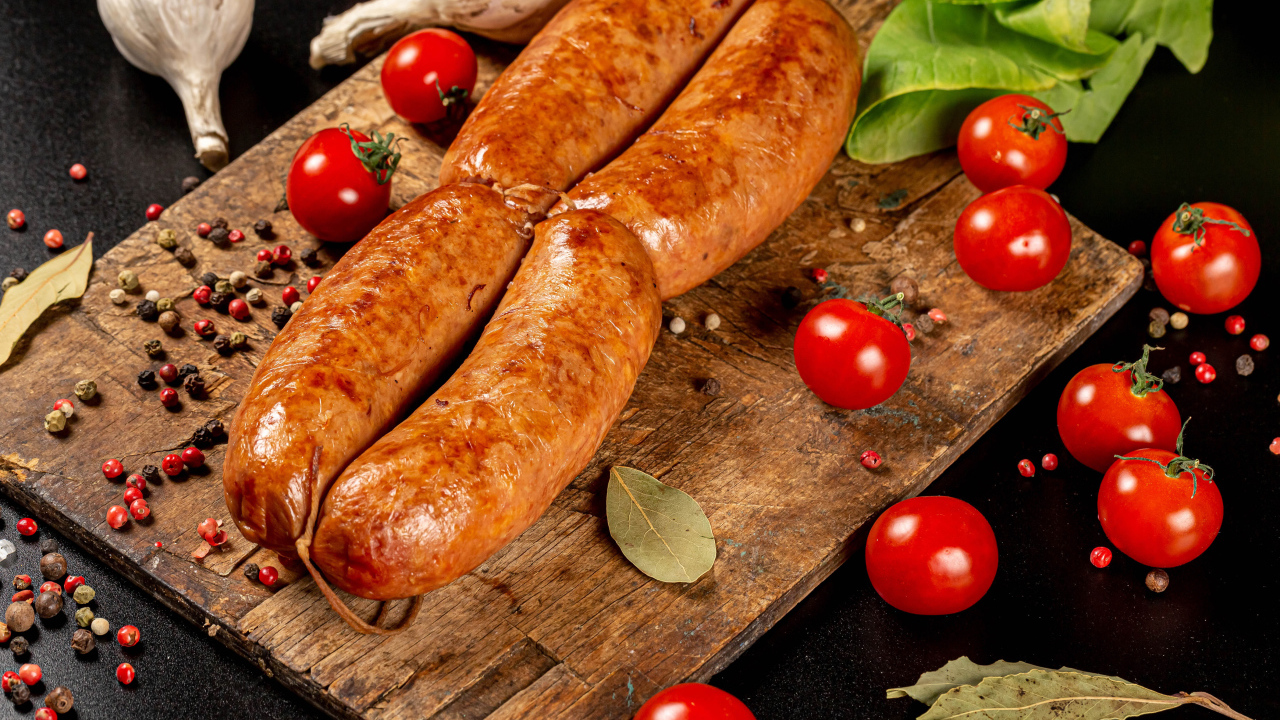 Мясные колбаски на доске с овощами