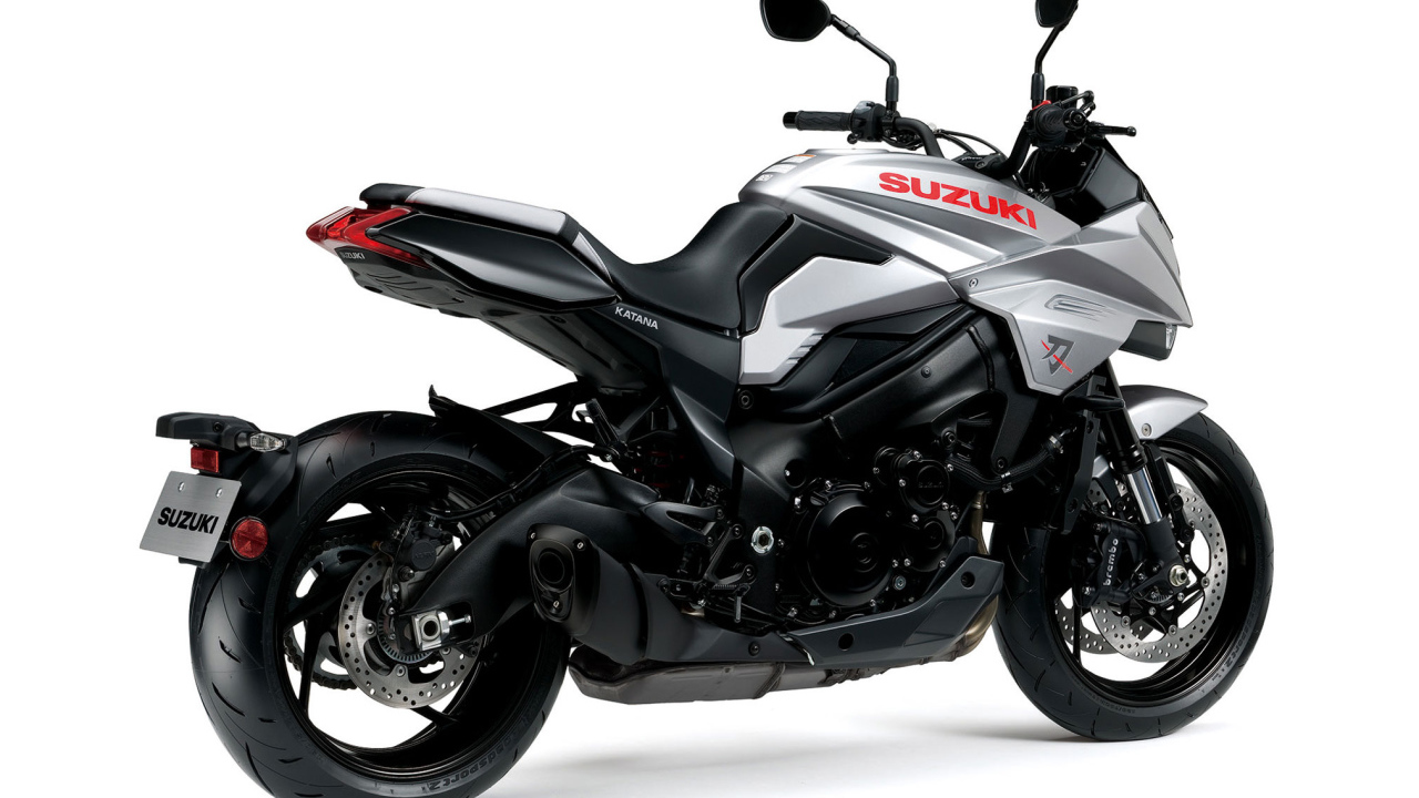 Стильный дорогой мотоцикл Suzuki Katana, 2021 на белом фоне