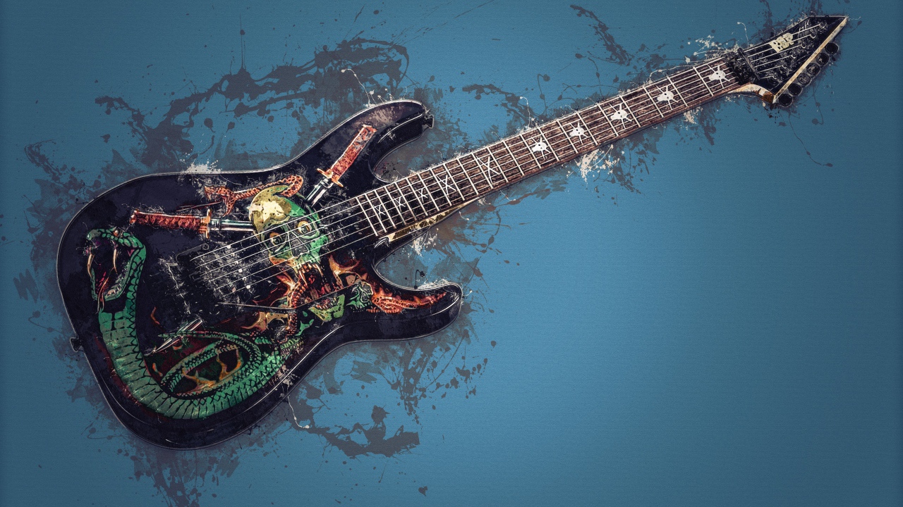 Электрогитара с рисунком на синем фоне