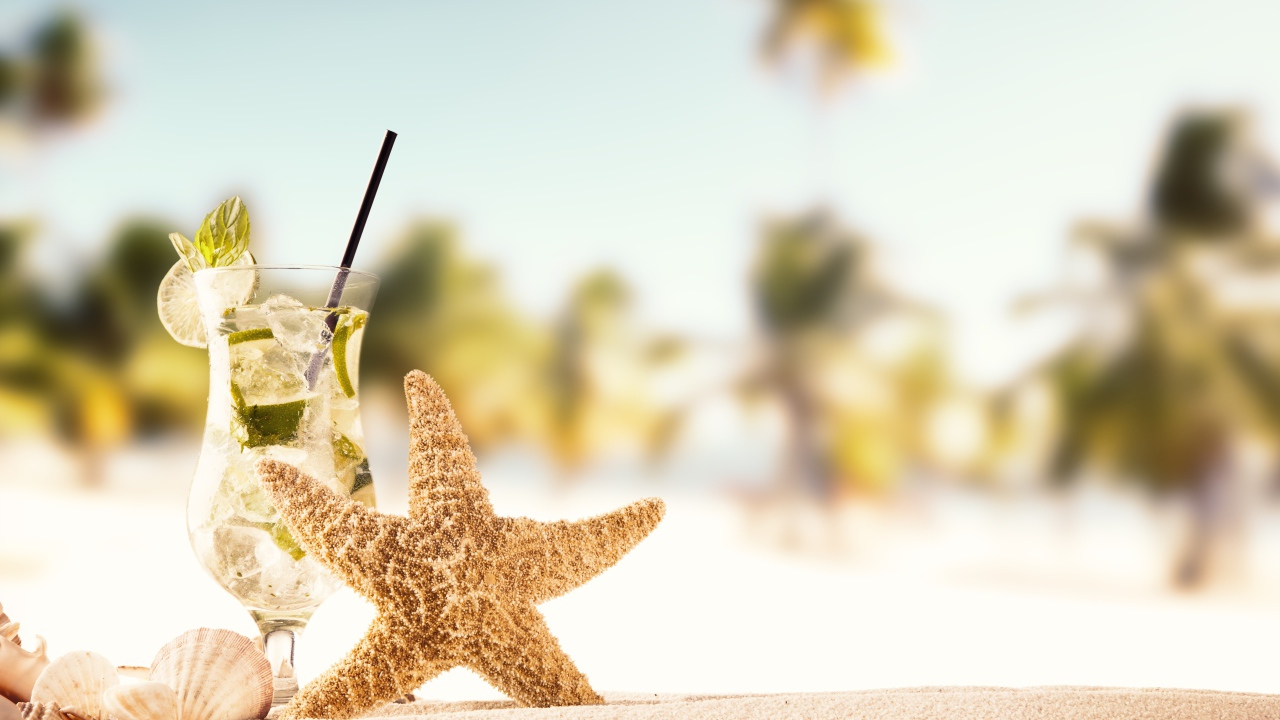 Морская звезда и бокал мохито на песке летом