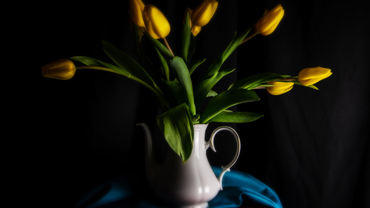 Желтые тюльпаны в белой вазе на черном фоне
