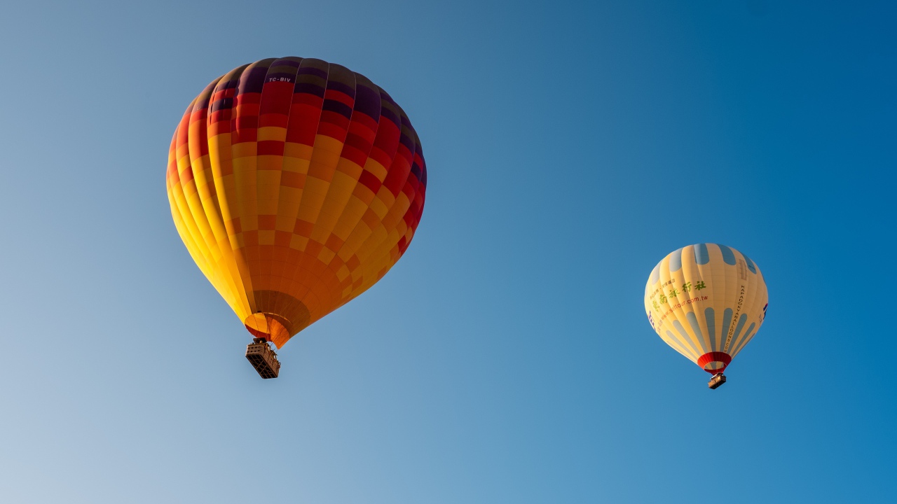 Два больших красочных воздушных шара в голубом небе