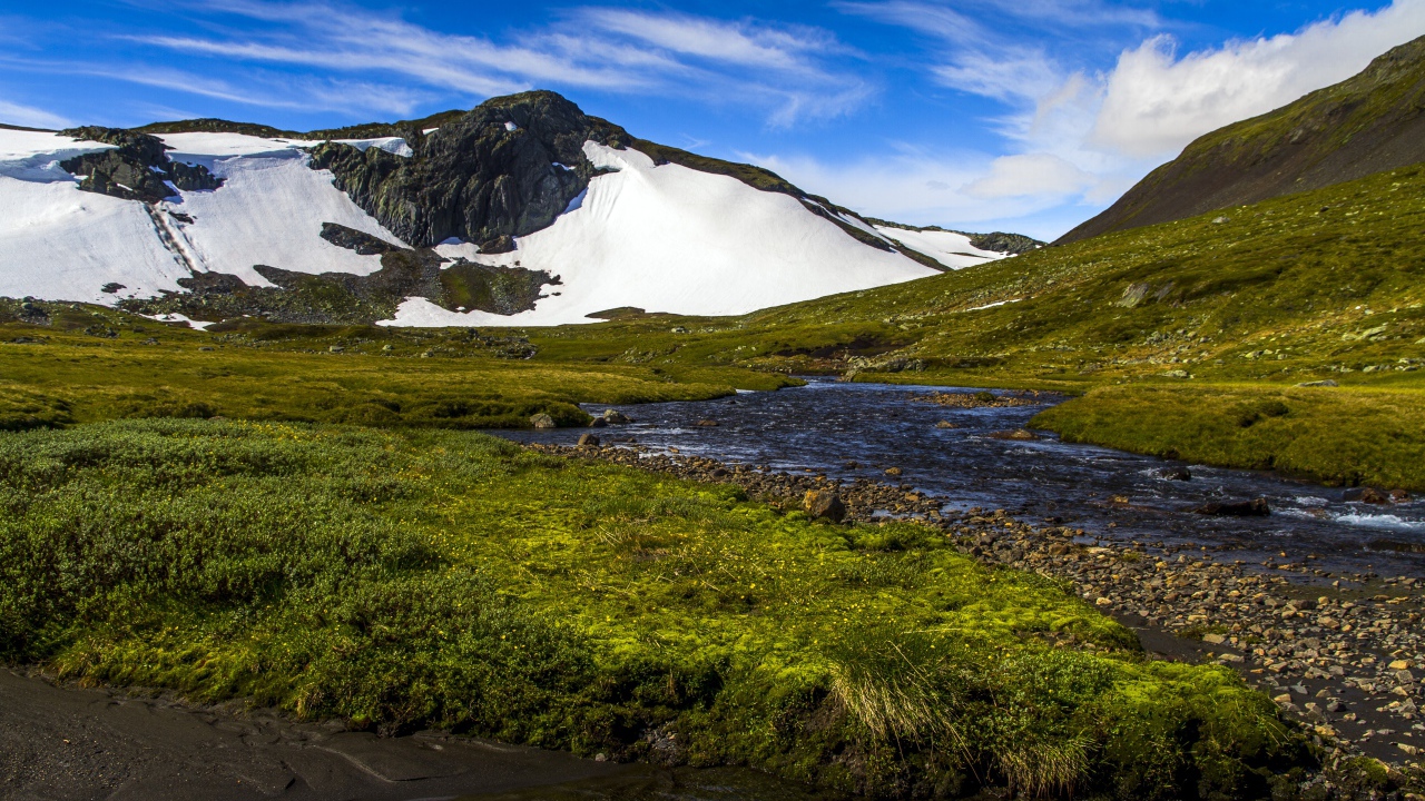 Горная река стекает с заснеженных гор 