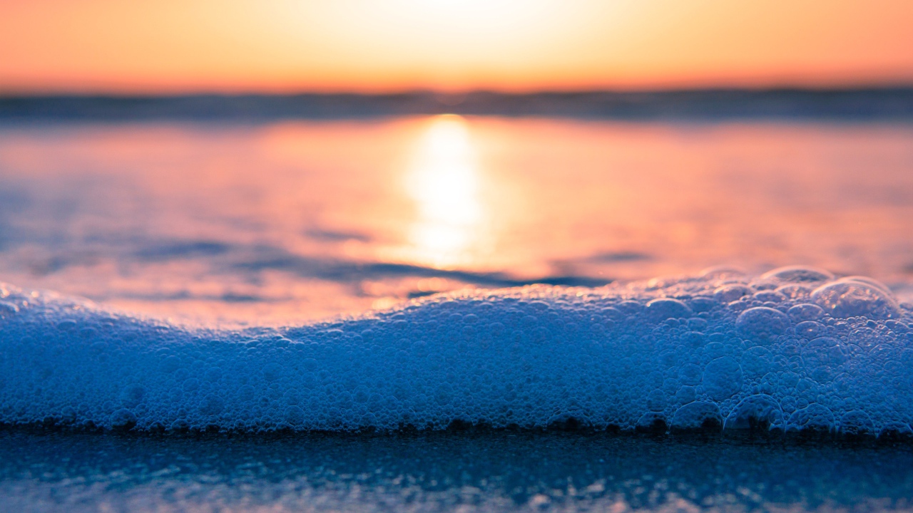 Белая морская пена с пузырям на закате