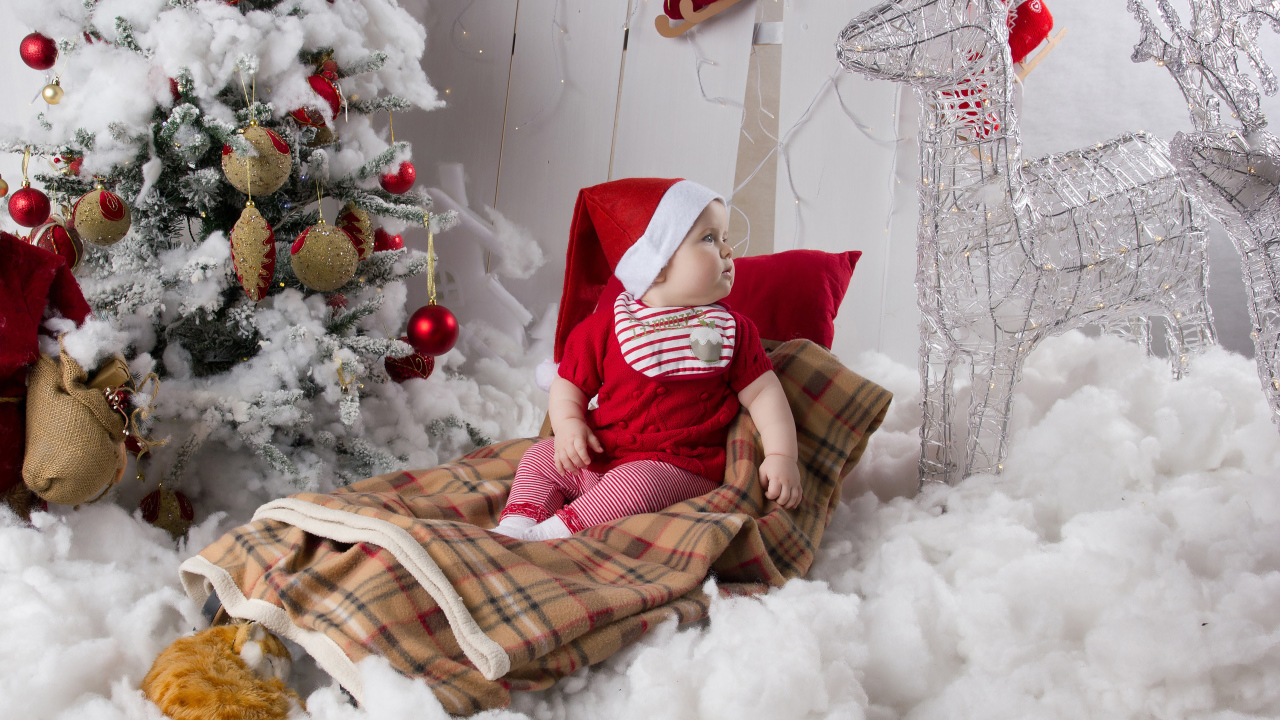 Маленький ребенок в санках возле наряженной ели