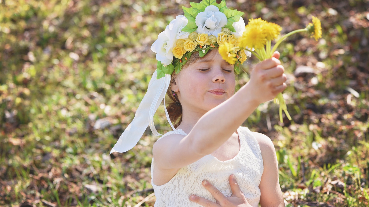 Маленькая девочка с букетом одуванчиках в руке 