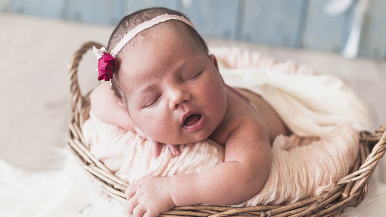 Новорожденная девочка лежит в корзине 