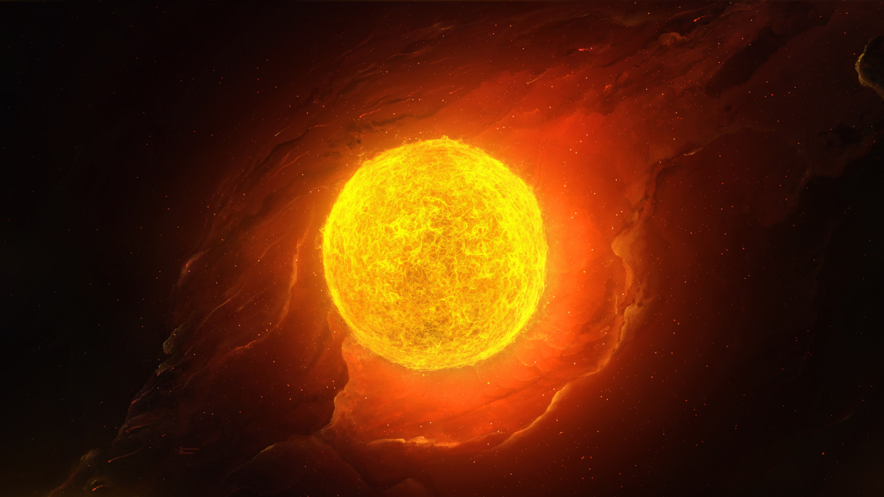 Bright fiery sun in space