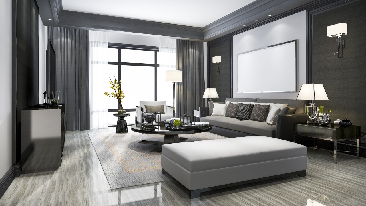 Черно белый интерьер в гостиной с большим телевизором